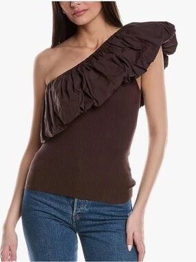Marie Oliver One-Shoulder Ruffle Knit Camisole in Brown
